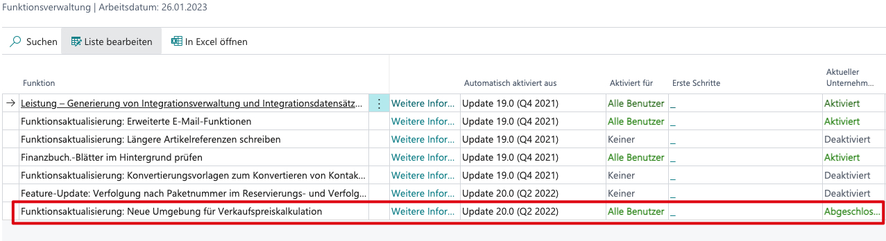 Ansicht Funktionsverwaltung