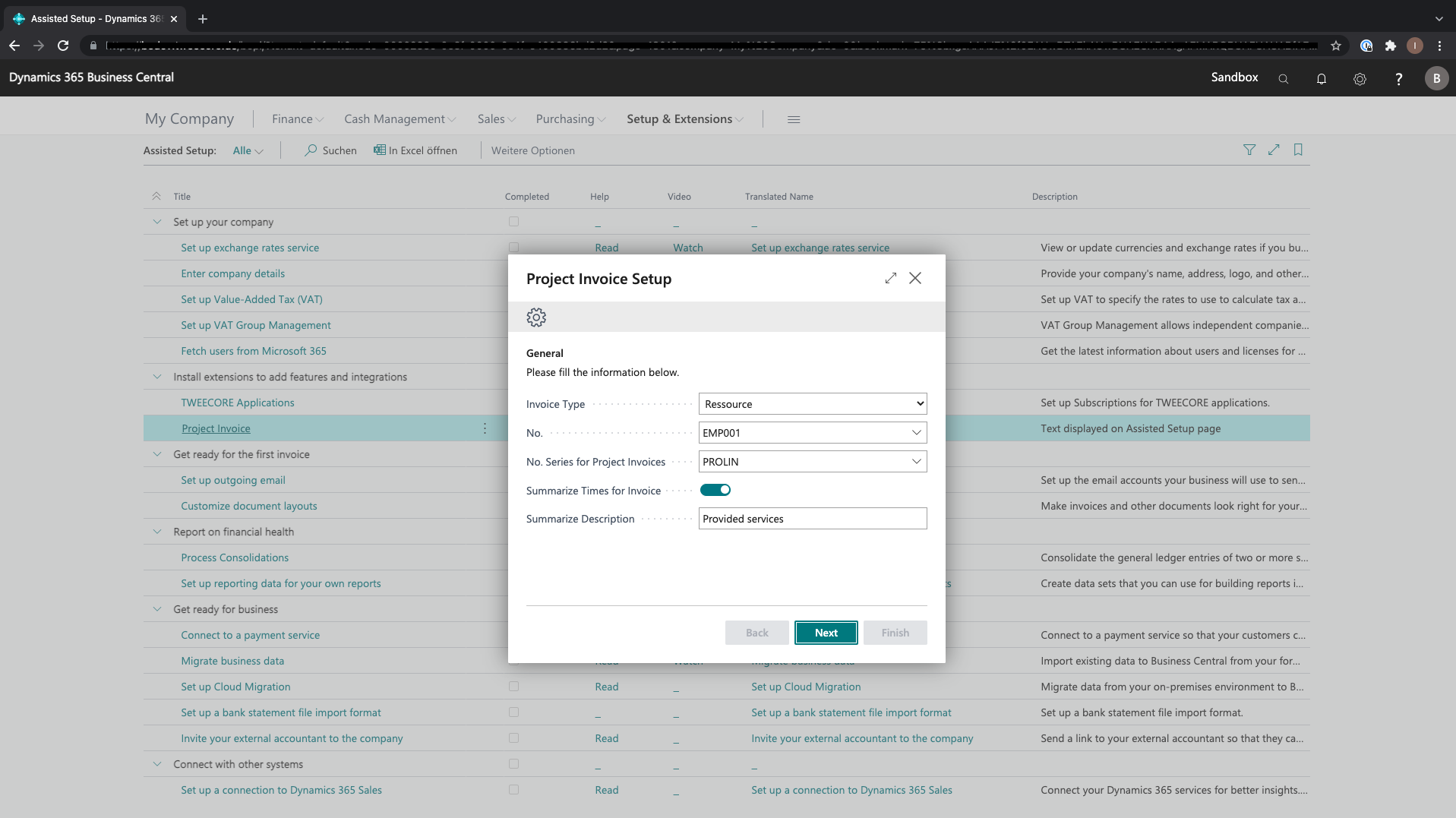 Assisted Setup Project Invoice